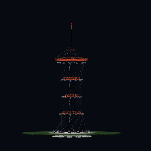 Beleuchteter HELIX-Aussichtsturm bei Nacht